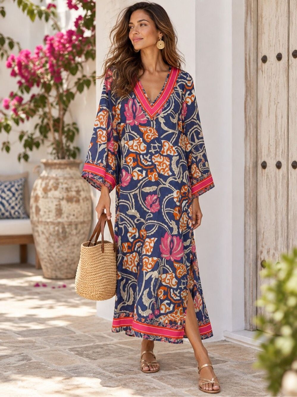 La Plage V-Neck Maxi Dress Navy Multi Floral Boho Resort Size M NWT